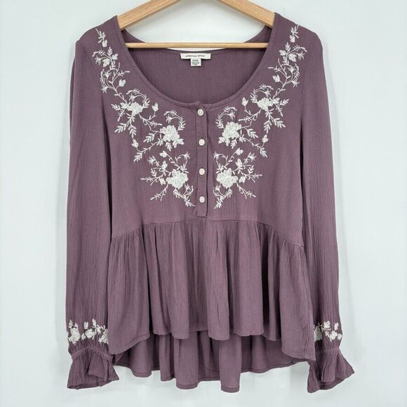 American Eagle Embroidered Floral Long Sleeve Blouse, Sz Small, Peasant Boho - Picture 1 of 8